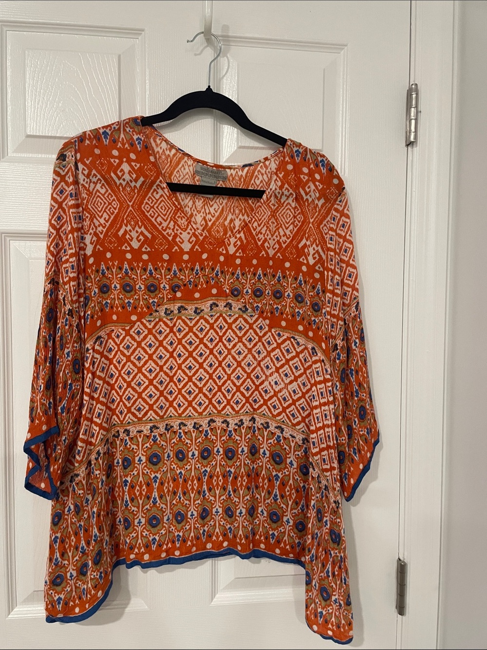 World Market Orange Printed Boho Tunic with Blue Accents in size s-m